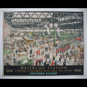 Original Railway Poster Waterloo Station A Centenary of Uninterrupted Service During Peace And War 1848 1948 Helen McKie