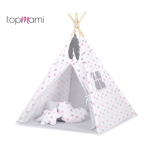Otroški igralni šotor Teepee, roza, siva, zvezdice