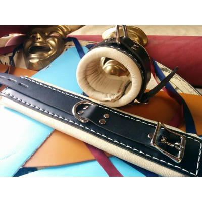Heavy Padded Leather Bondage Cuffs Black and Creamy White