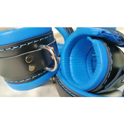 Heavy Padded Leather Bondage Cuffs Blue and Black