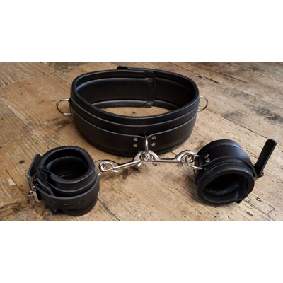 Classic Black Wrist Cuffs and Heavy Restraint Belt.