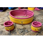 Yellow and Hot Pink Wrist Cuffs and Heavy Restraint Belt.