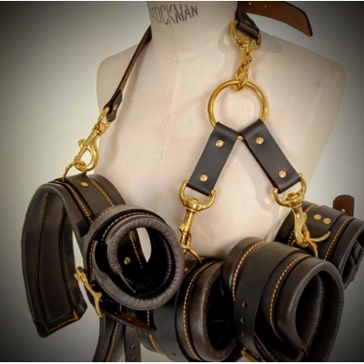 Dark Brown Leather Cuffs, collar and three way hog tie brass hardware