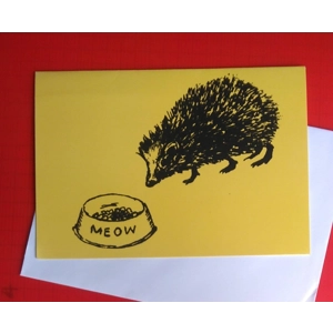 "Meow" hand-printed hedgehog card. Yellow