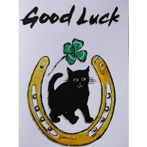 GOOD LUCK Handprinted, handpainted lucky card.