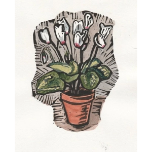 Cyclamen Pot Plant, original painted linoprint