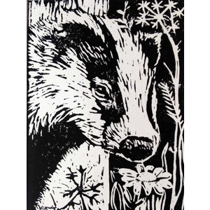 Badger and Flower, original linoprint, mounted and ready to frame.,