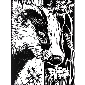 Badger and Flower, original linoprint, mounted and ready to frame.,