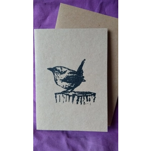 Wren: hand-printed card, recycled card.