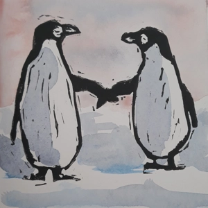PENGUINS CARD, hand-printed, hand, painted