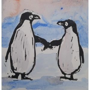 PENGUINS CARD, hand-printed, hand, painted