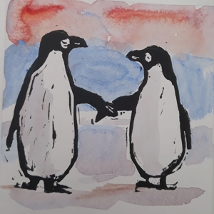 PENGUINS CARD, hand-printed, hand, painted