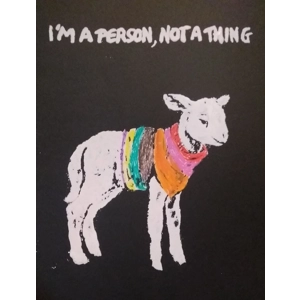 I'M A PERSON, NOT A THING, lamb-in-a-sweater design, hand-printed t shirt