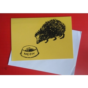 "Meow" hand-printed hedgehog card. Yellow