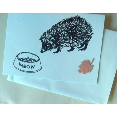 "Meow" hand-printed embellished hedgehog card,. Mint green. title=