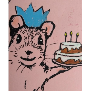 Happy Birthday Mouse with Cake, embellished with sparkles.