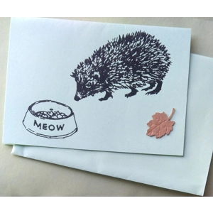 "Meow" hand-printed embellished hedgehog card,. Mint green.