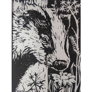 Badger and Flower, original linoprint, mounted and ready to frame.,