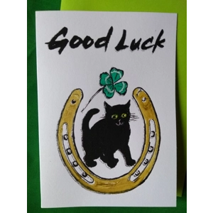 GOOD LUCK Handprinted, handpainted lucky card.