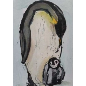 Penguin Parent & Child greetings card, Printed & painted by hand.