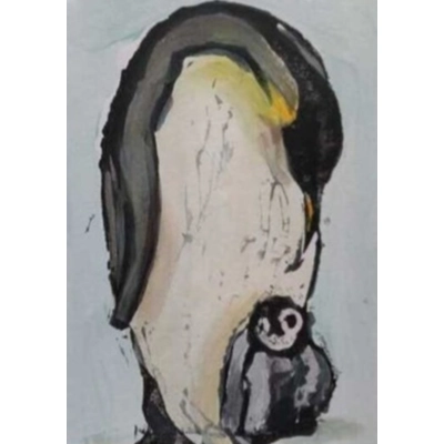Penguin Parent & Child greetings card, Printed & painted by hand. title=