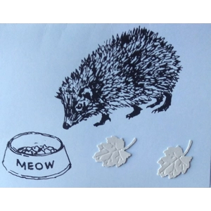 "Meow" hand-printed embellished hedgehog card,. Blue.