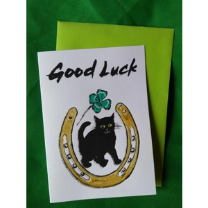 GOOD LUCK Handprinted, handpainted lucky card.