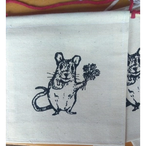 Mouse with Flowers., calico wall hanging.