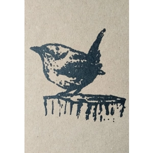 Wren: hand-printed card, recycled card.