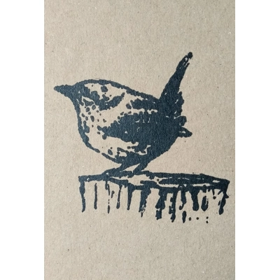 Wren: hand-printed card, recycled card. title=