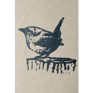 Wren: hand-printed card, recycled card.