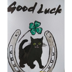 GOOD LUCK Handprinted, handpainted lucky card.