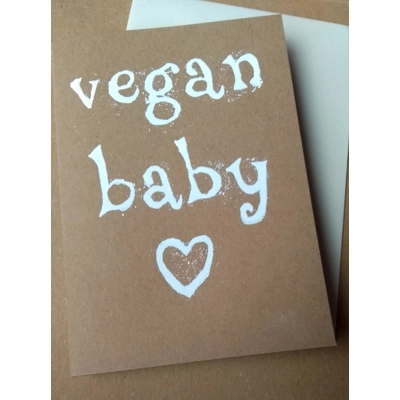 VEGAN BABY card, hand-printed on recycled card, 10% to wildlife rescue. title=