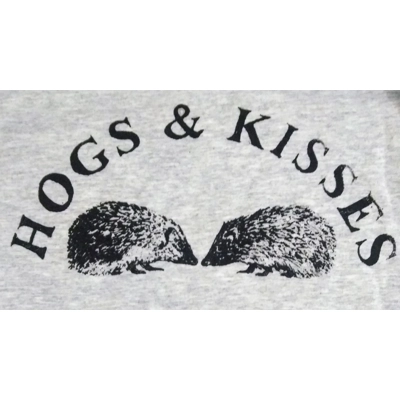 Hogs & Kisses, handprinted hedgehog design t shirt. Wildlife benefit t shirt. title=