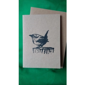 Wren: hand-printed card, recycled card.