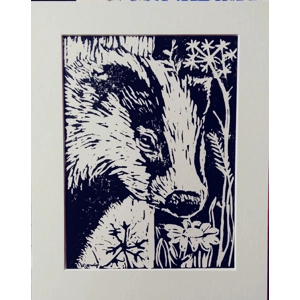 Badger and Flower, original linoprint, mounted and ready to frame.,