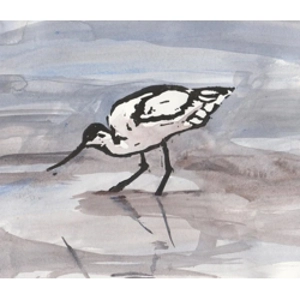 Avocet at Glyne Gap, hand-painted original linoprint.