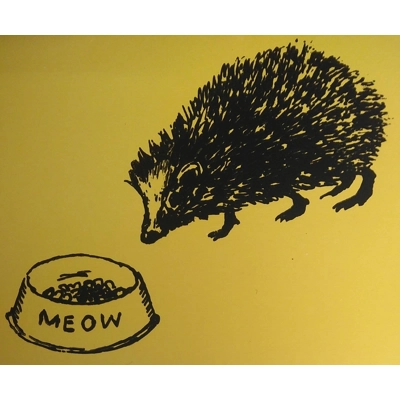 "Meow" hand-printed hedgehog card. Yellow title=