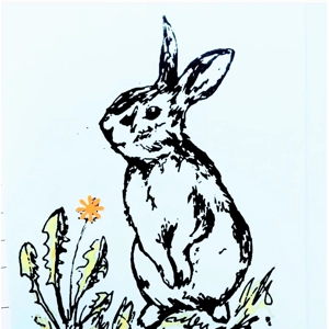Wild Rabbit with dandelions, Hand-printed Card,