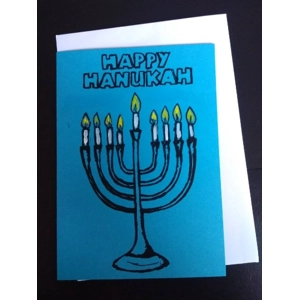 BLUE HANUKKAH CARD, hand-printed