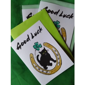 GOOD LUCK Handprinted, handpainted lucky card.