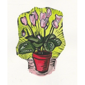Cyclamen Pot Plant, original painted linoprint