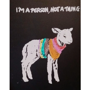 I'M A PERSON, NOT A THING, lamb-in-a-sweater design, hand-printed t shirt