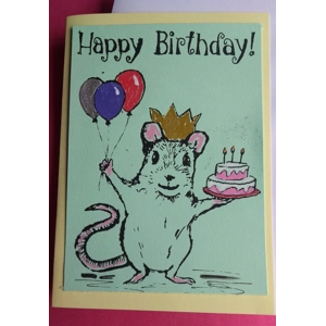 Happy Birthday Mouse with Cake, embellished with sparkles.
