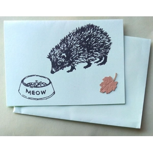 "Meow" hand-printed embellished hedgehog card,. Mint green.