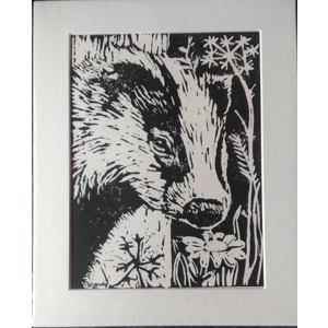 Badger and Flower, original linoprint, mounted and ready to frame.,