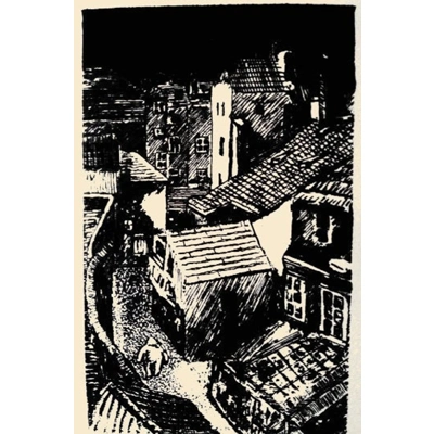 GOLEM OF PRAGUE patrolling the streets of Old Prague at night. Handprinted original screenprint title=