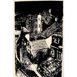 GOLEM OF PRAGUE patrolling the streets of Old Prague at night. Handprinted original screenprint