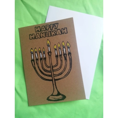 Hanukkah card, hand-printed on recycled card title=