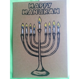 Hanukkah card, hand-printed on recycled card